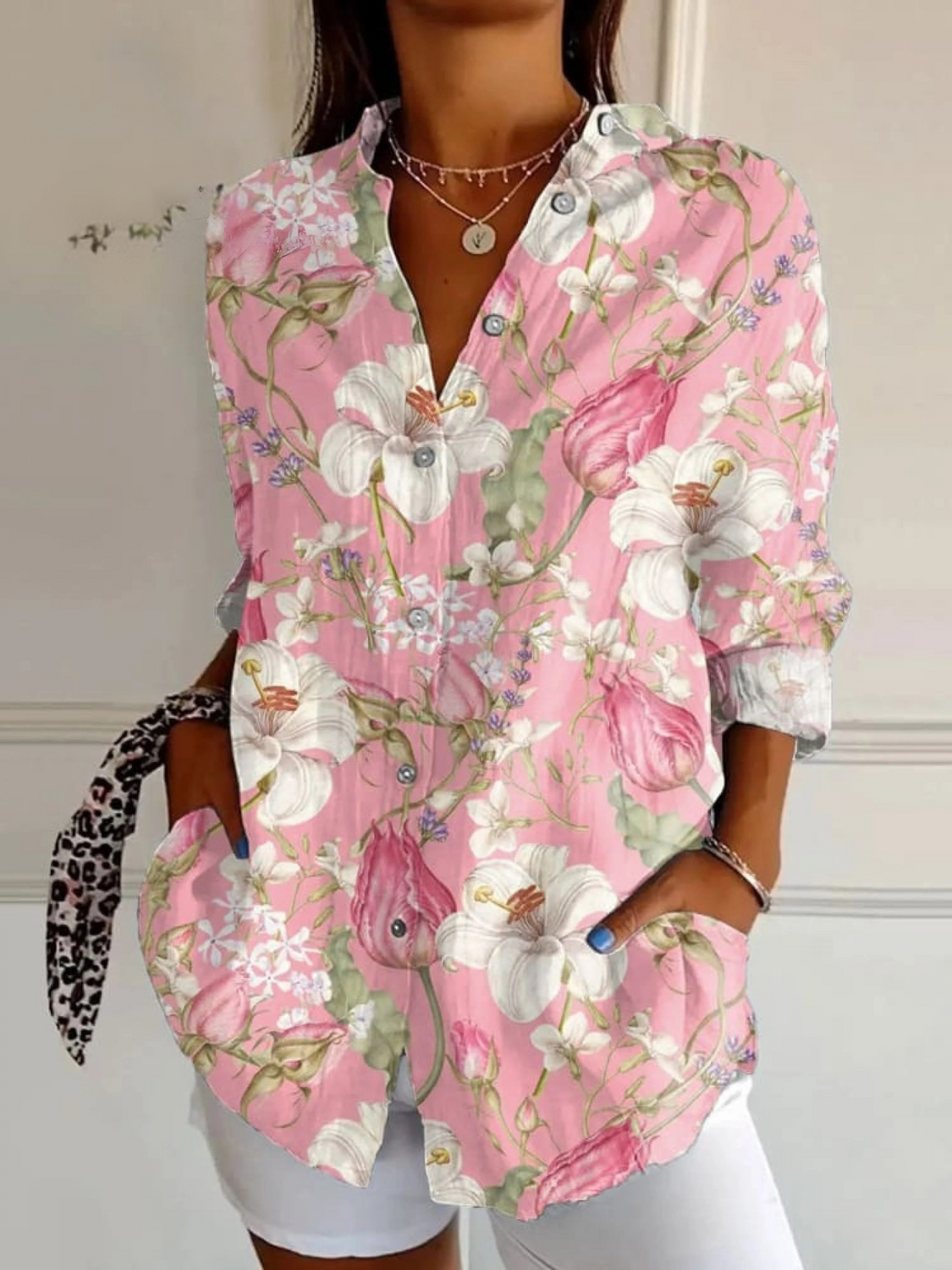 Women's Vintage Floral Art Print Casual V-neck Shirt