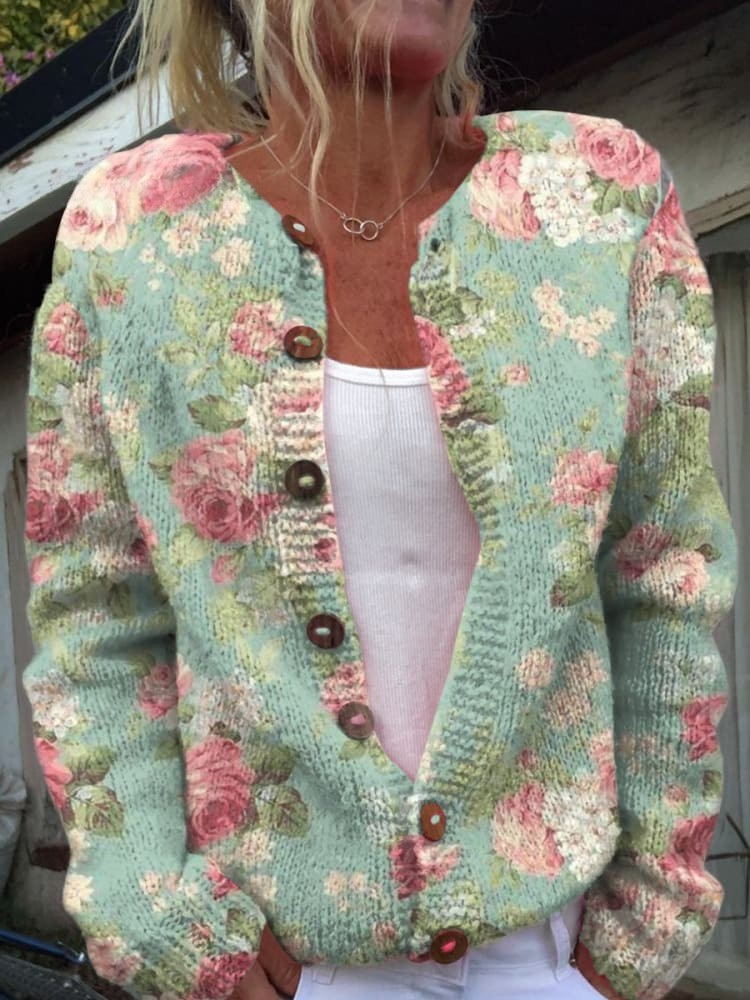 Retro Floral Pattern Cardigan Sweater