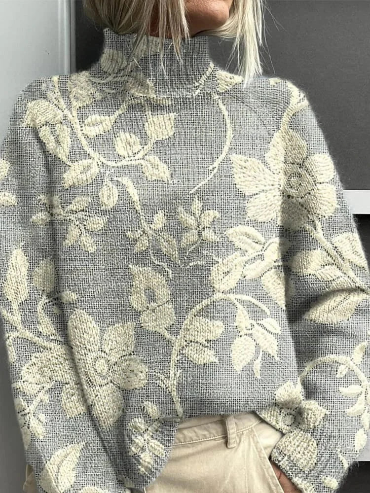 Women's Vintage Lovely Lace Floral Art Print Casual Turtleneck Top