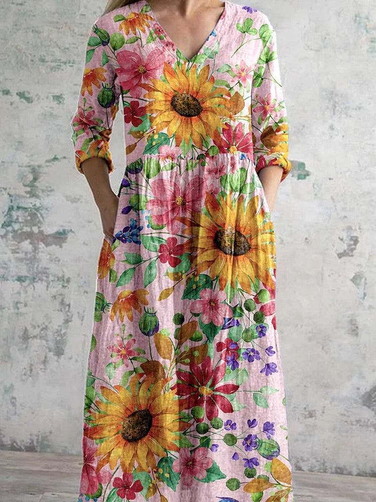 Women's Elegant Sunflower Floral V-Neck Cotton and Linen Dress