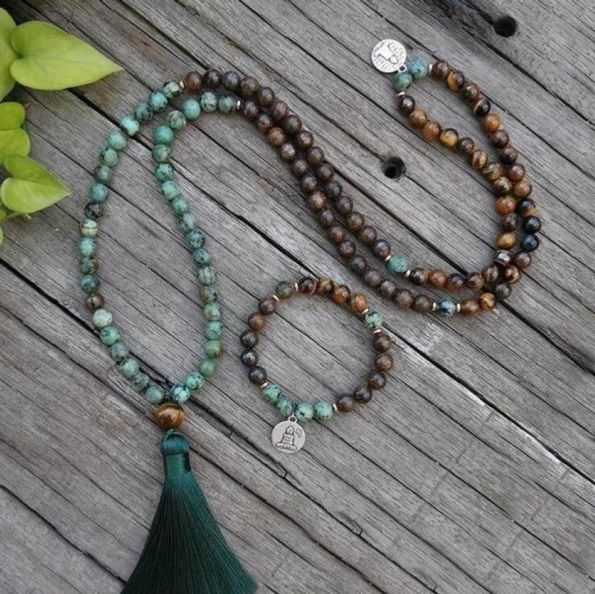 108 Natural Tiger Eye Bronzite & African Turquoise Mala Beads