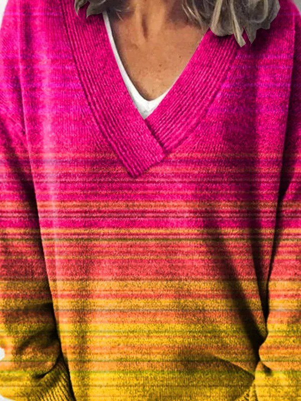 Colorful Ombre Art Printed Knit V-Neck Pullover Sweater