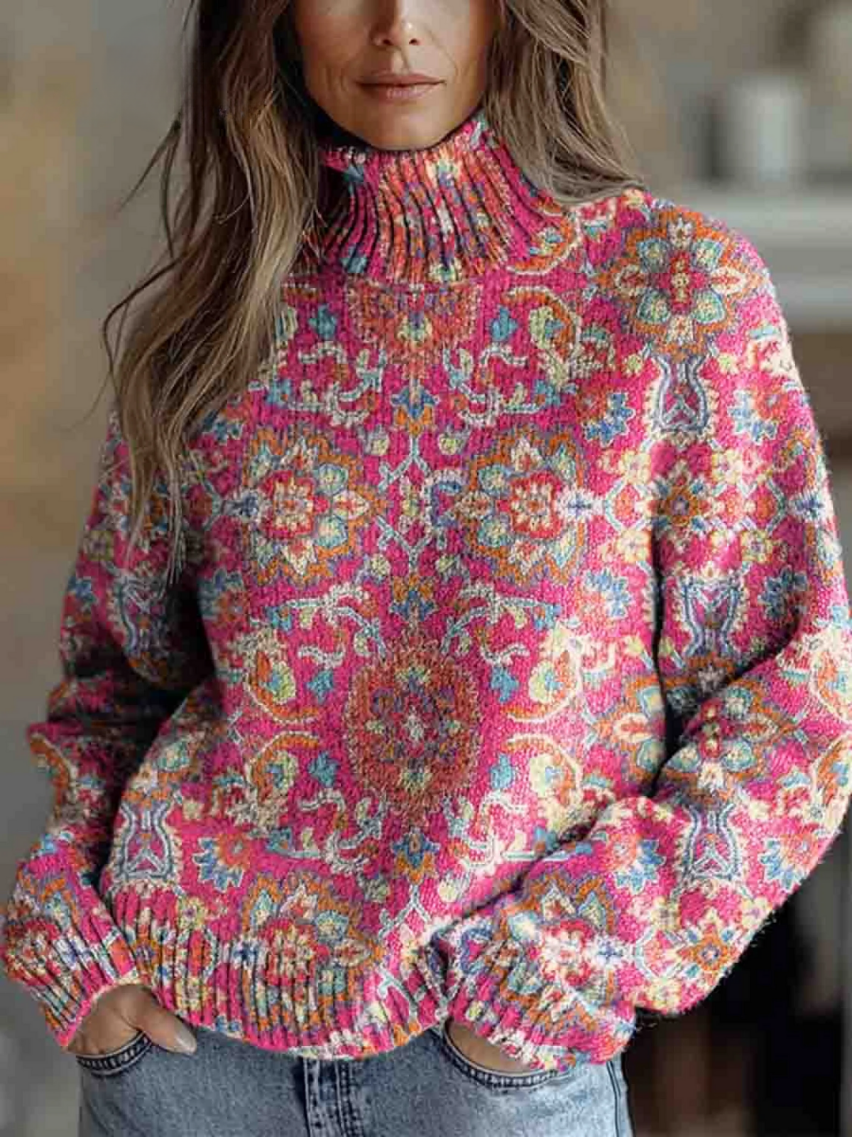 Women's Retro Ethnic Art Flowers Print Knit Turtleneck Pullover Sweater