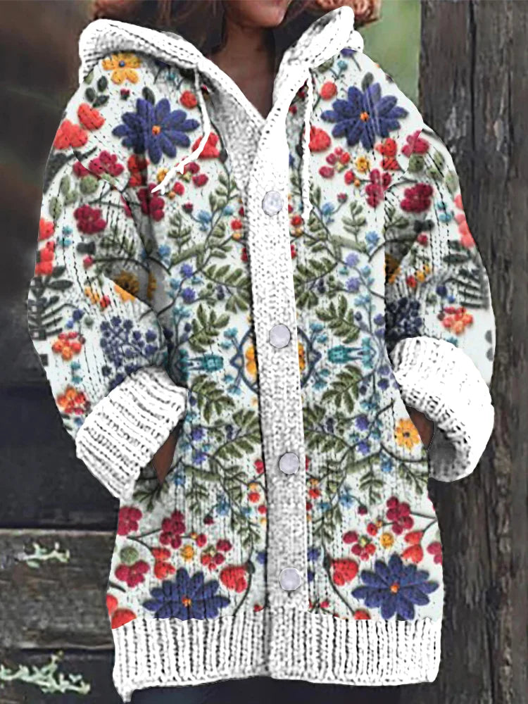 Vintage Floral Embroidery Pattern Cozy Hooded Cardigan