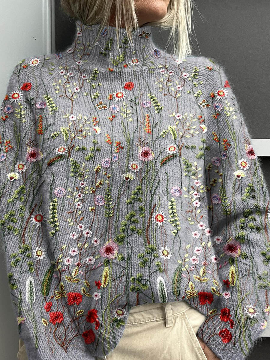 Woman Vintage Cute Floral Art Print Sweater with Turtleneck