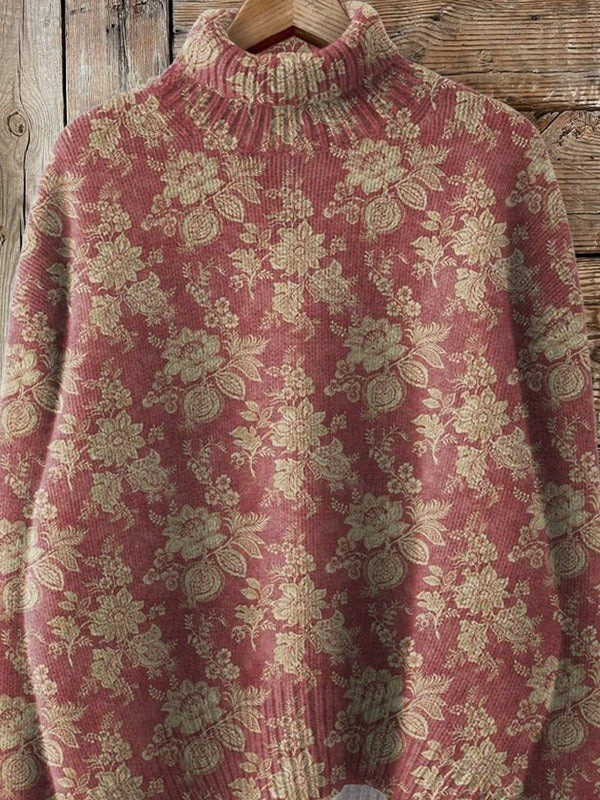 Vintage Style Floral Pattern Printed Knit Turtleneck Pullover Sweater