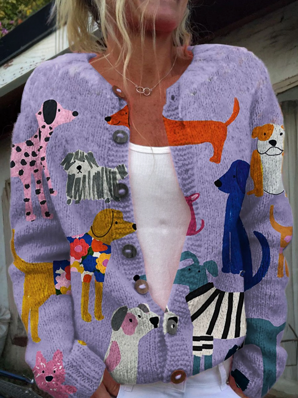 Dog Art Print Buttoned Cardigan Sweater