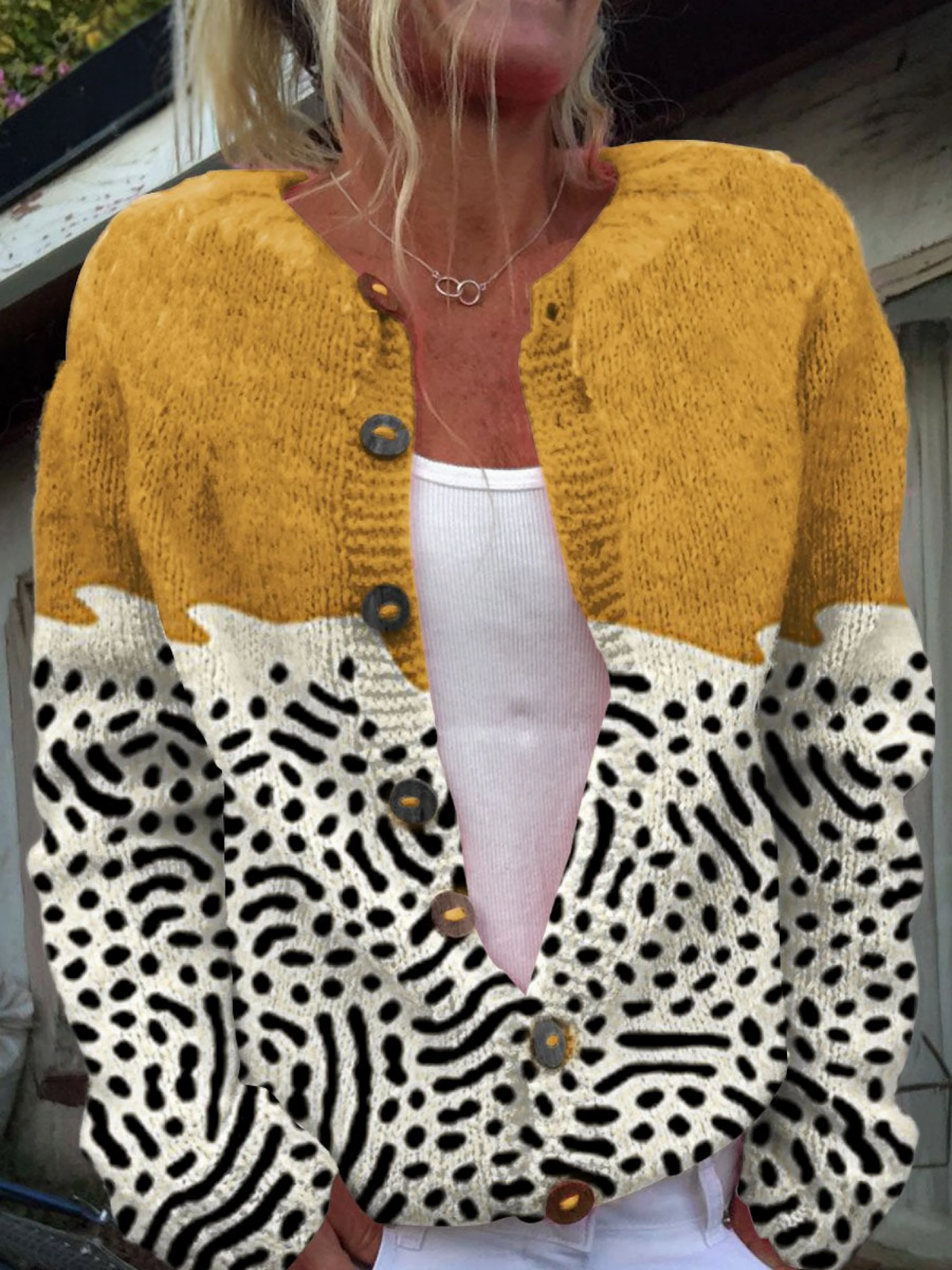 Retro Abstract Geometric Art Print Buttoned Casual Cardigan Sweater