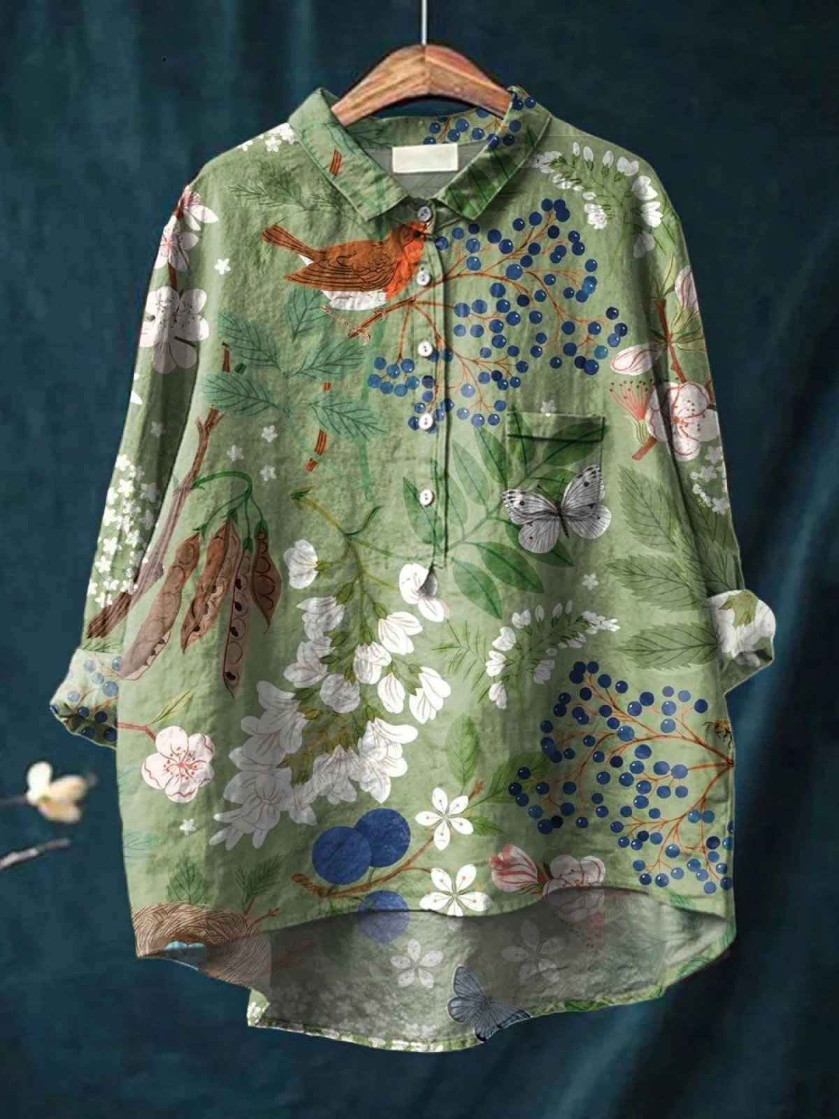Women's Vintage Flower Print Casual Cotton And Linen Shirt