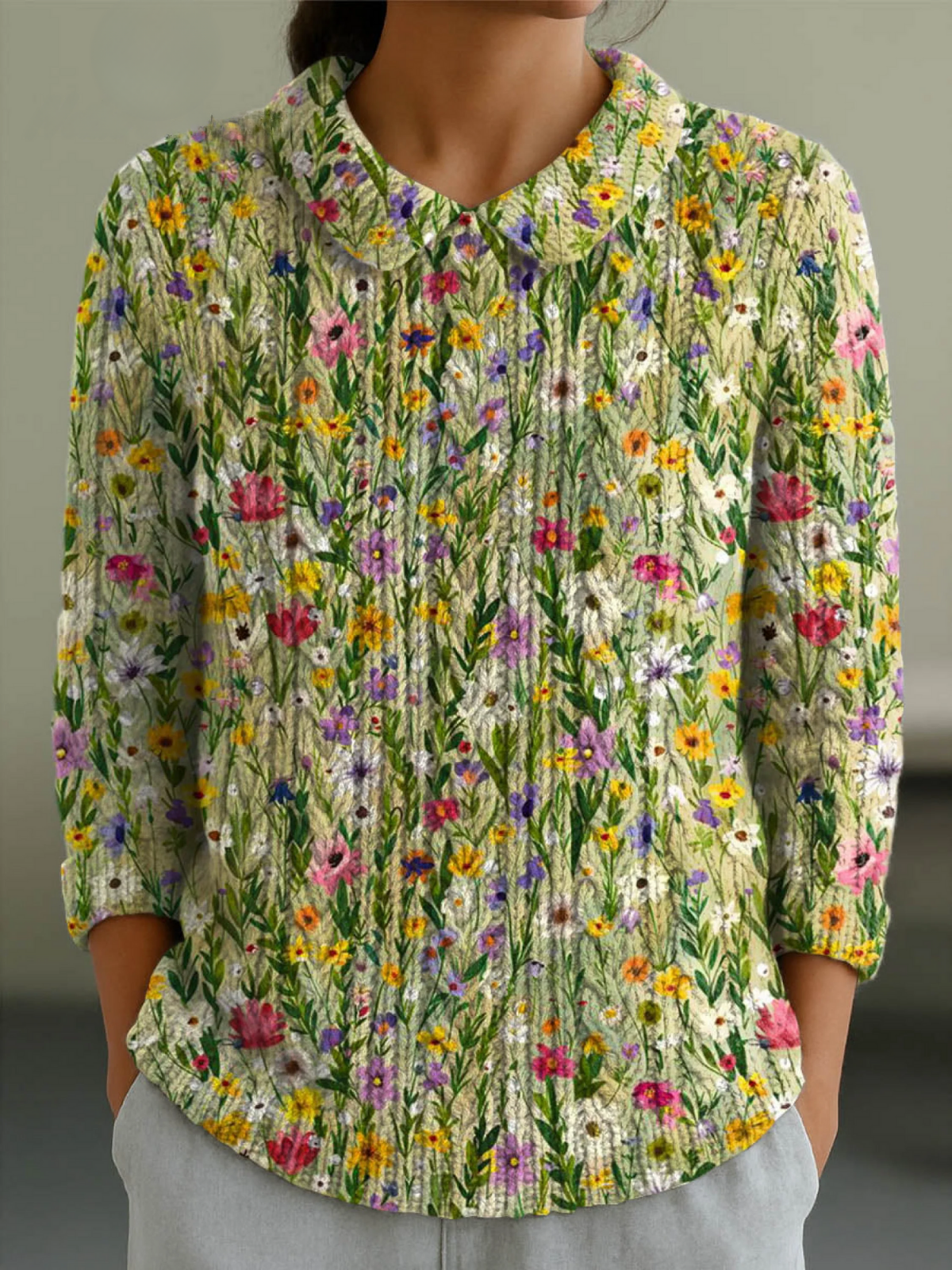 Women's Vintage Floral Art Print Casual Peter Pan Collar 3/4 Sleeve Sweater