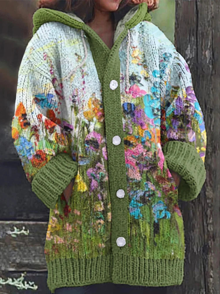 Floral Painting Art Warm Cozy Hooded Cardigan