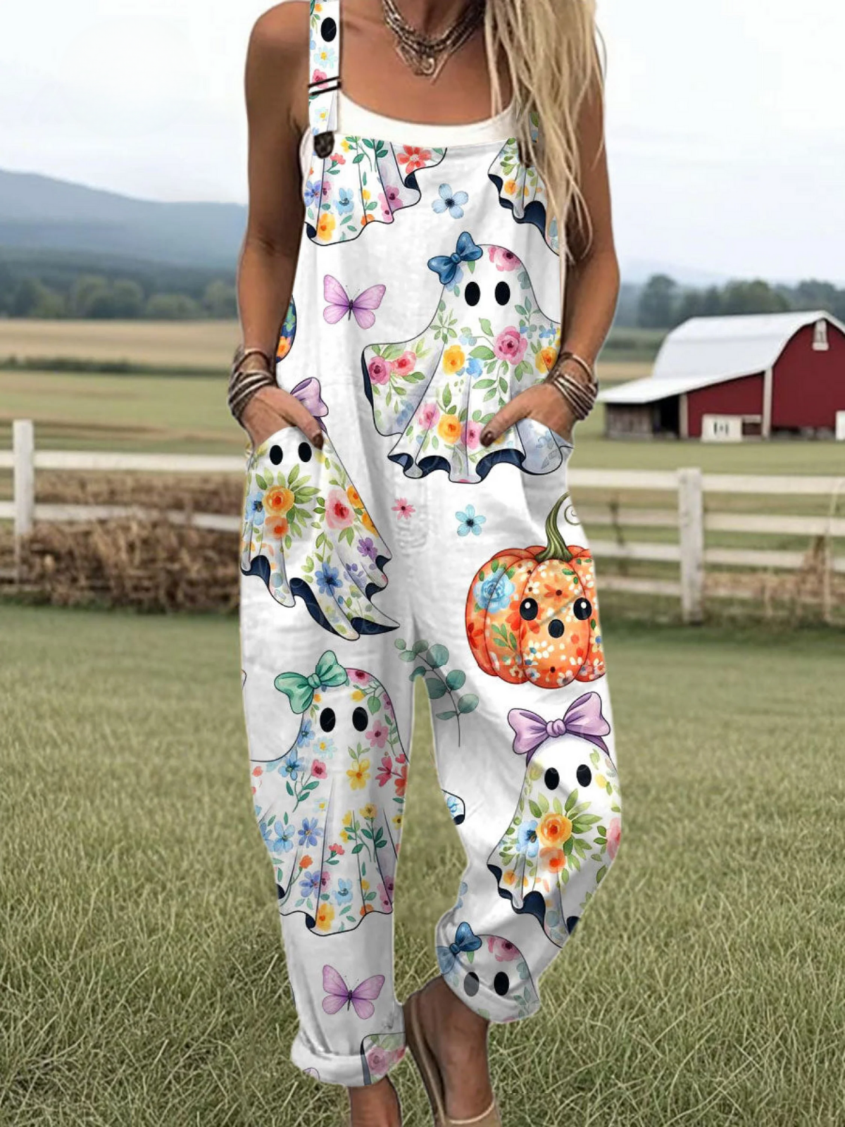 Women's Ghost Pumpkin Art Print Casual 100% Cotton Wide Leg Jumpsuit