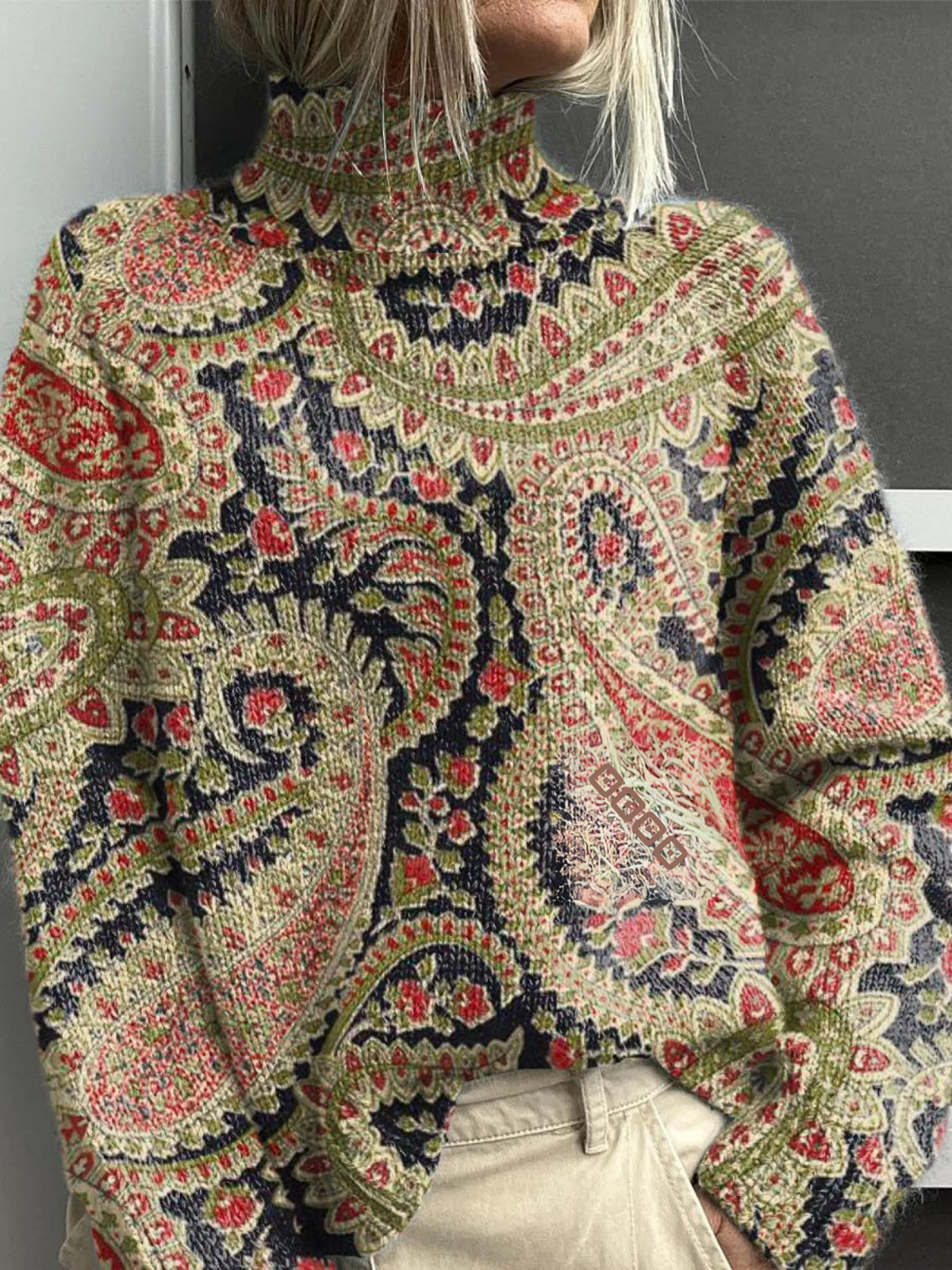 Women's Vintage Lovely Floral Art Print Knit Turtleneck Pullover Sweater