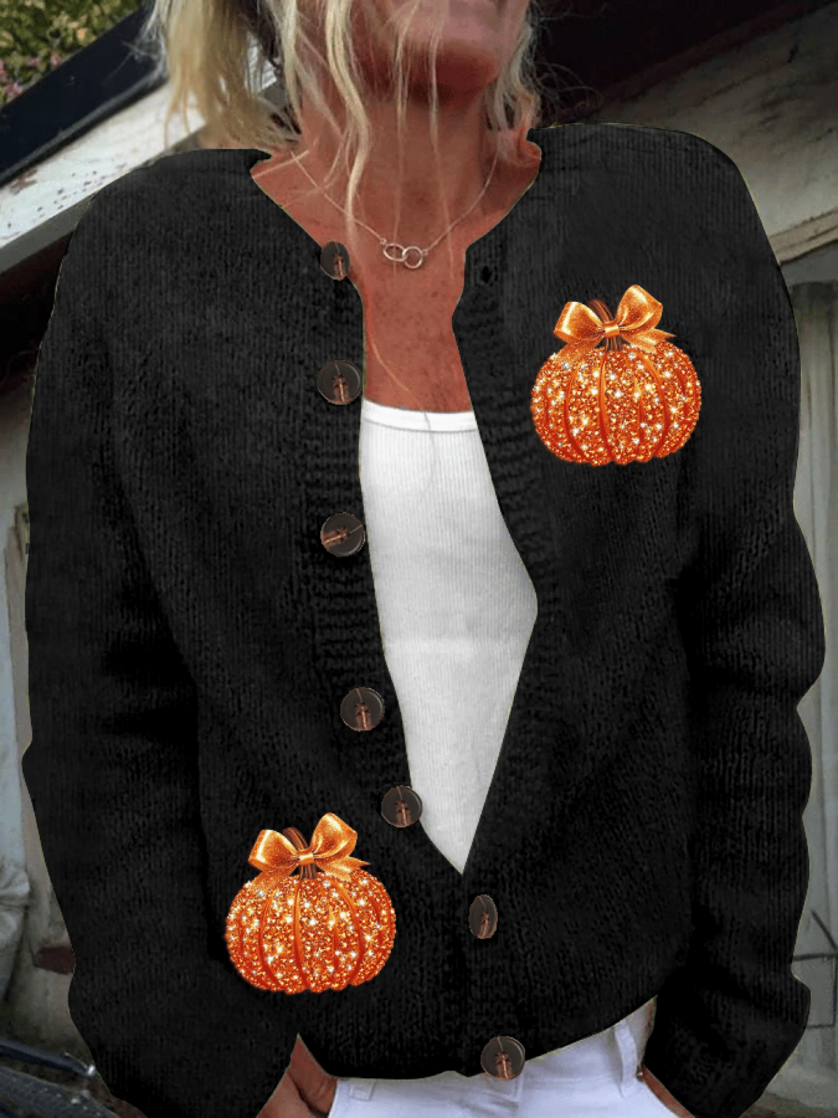 Women's Autumn Sequin Pumpkin Print Cardigan Sweater