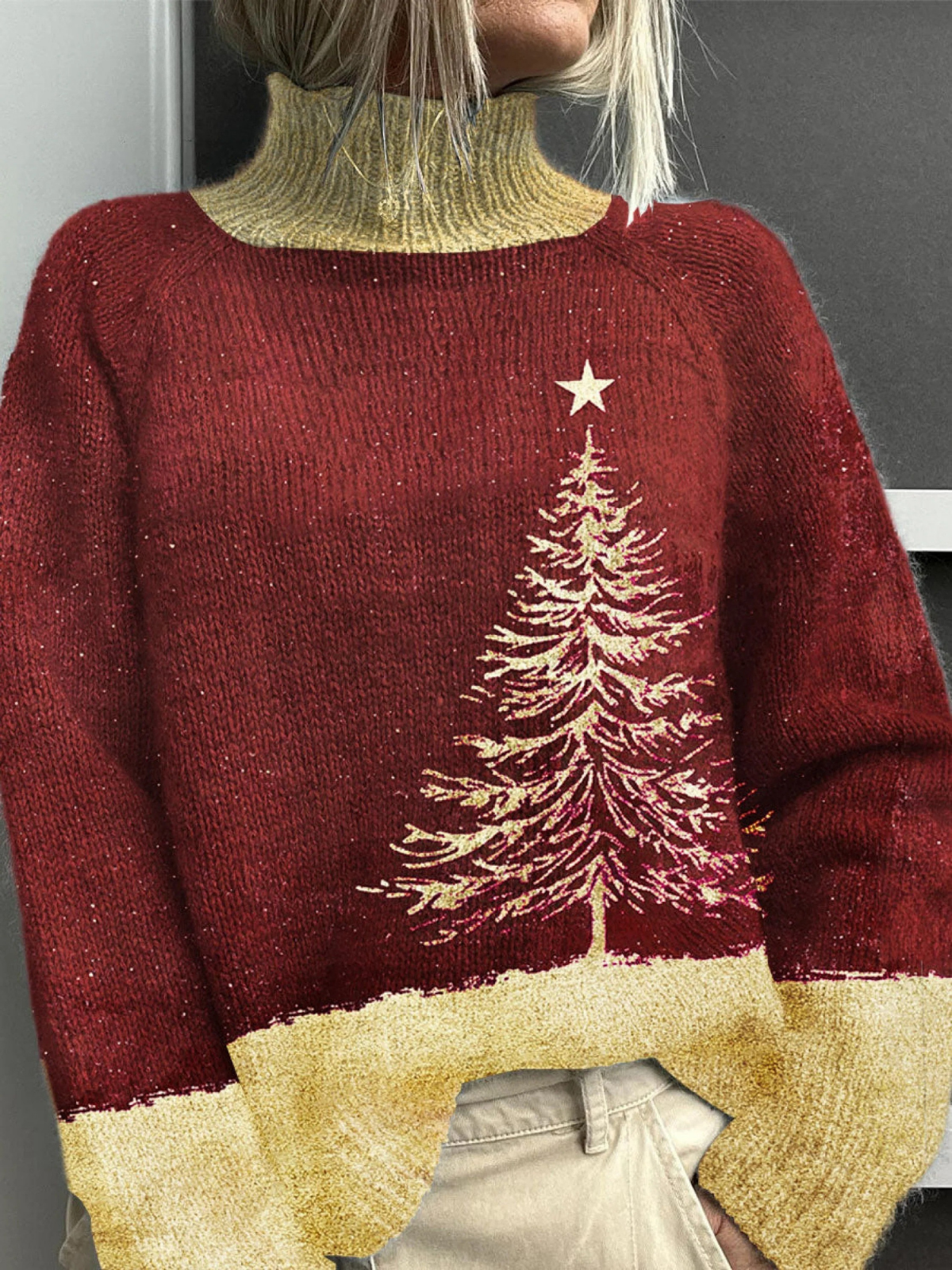 Christmas Print Knit Turtleneck Pullover Sweater