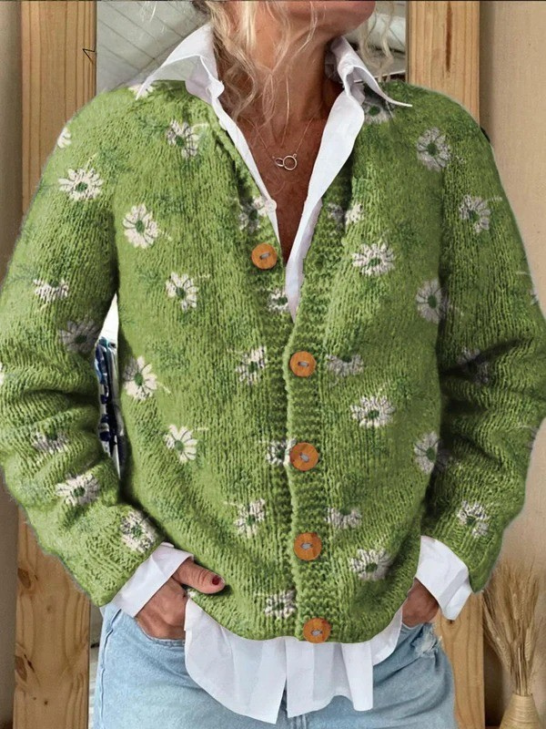 Women's Vintage Lovely Floral Art Print Buttoned Cardigan Sweater
