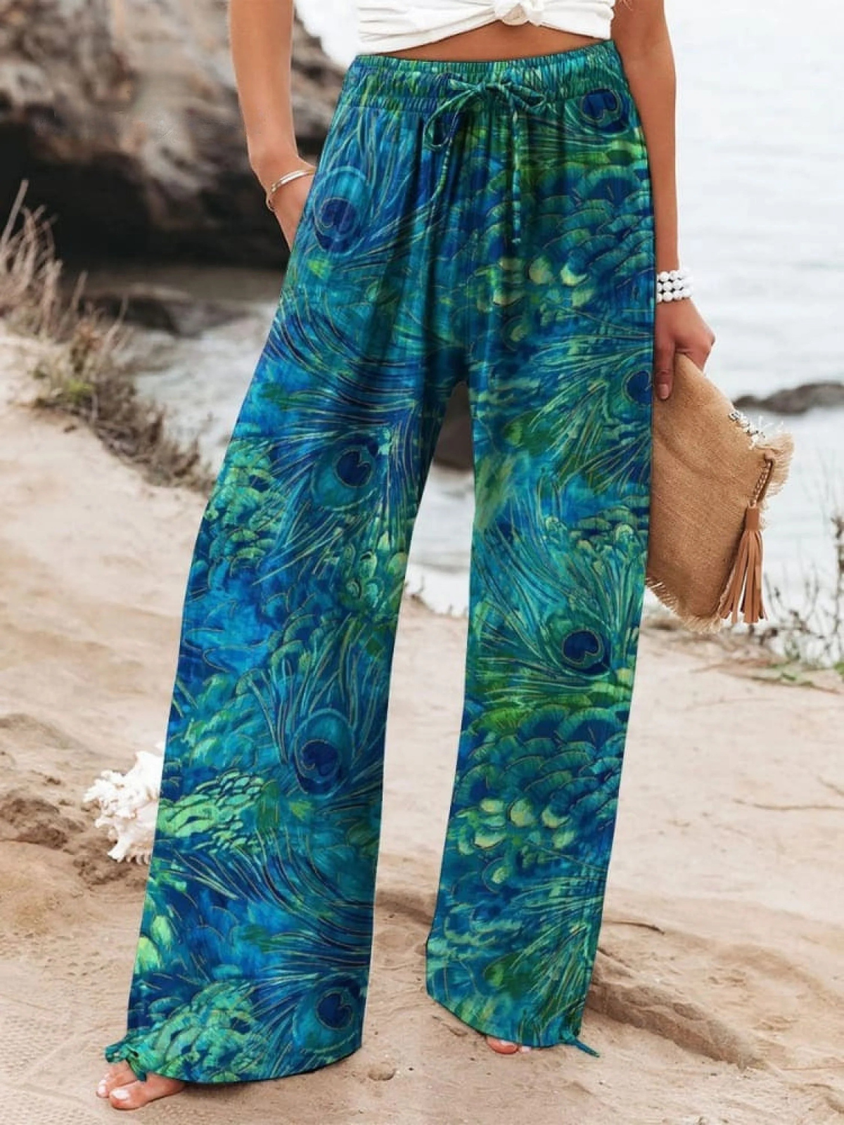 Women's Peacock Feather Print Casual Cotton Linen Shirt