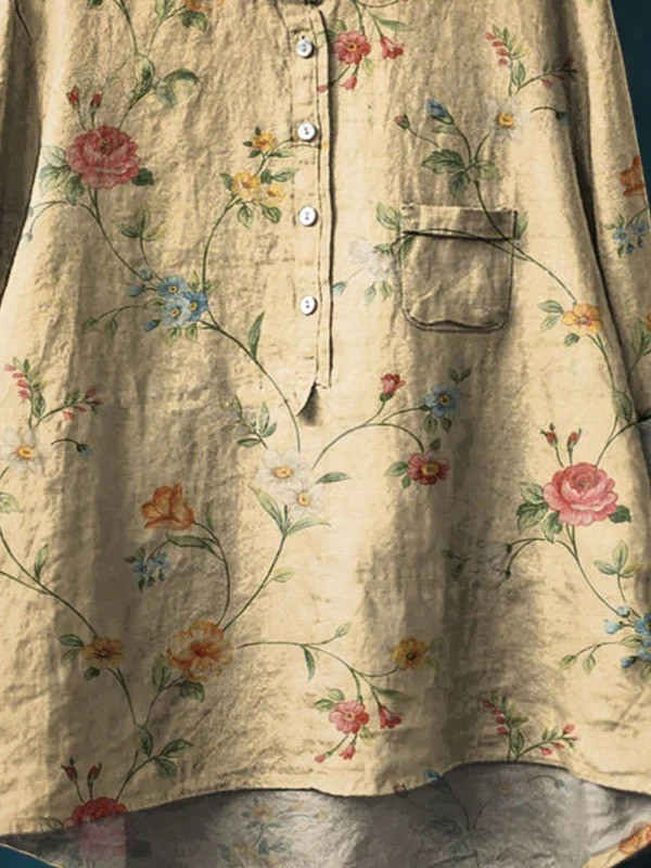 Women's Vintage Floral Art Print Casual Cotton And Linen Shirt