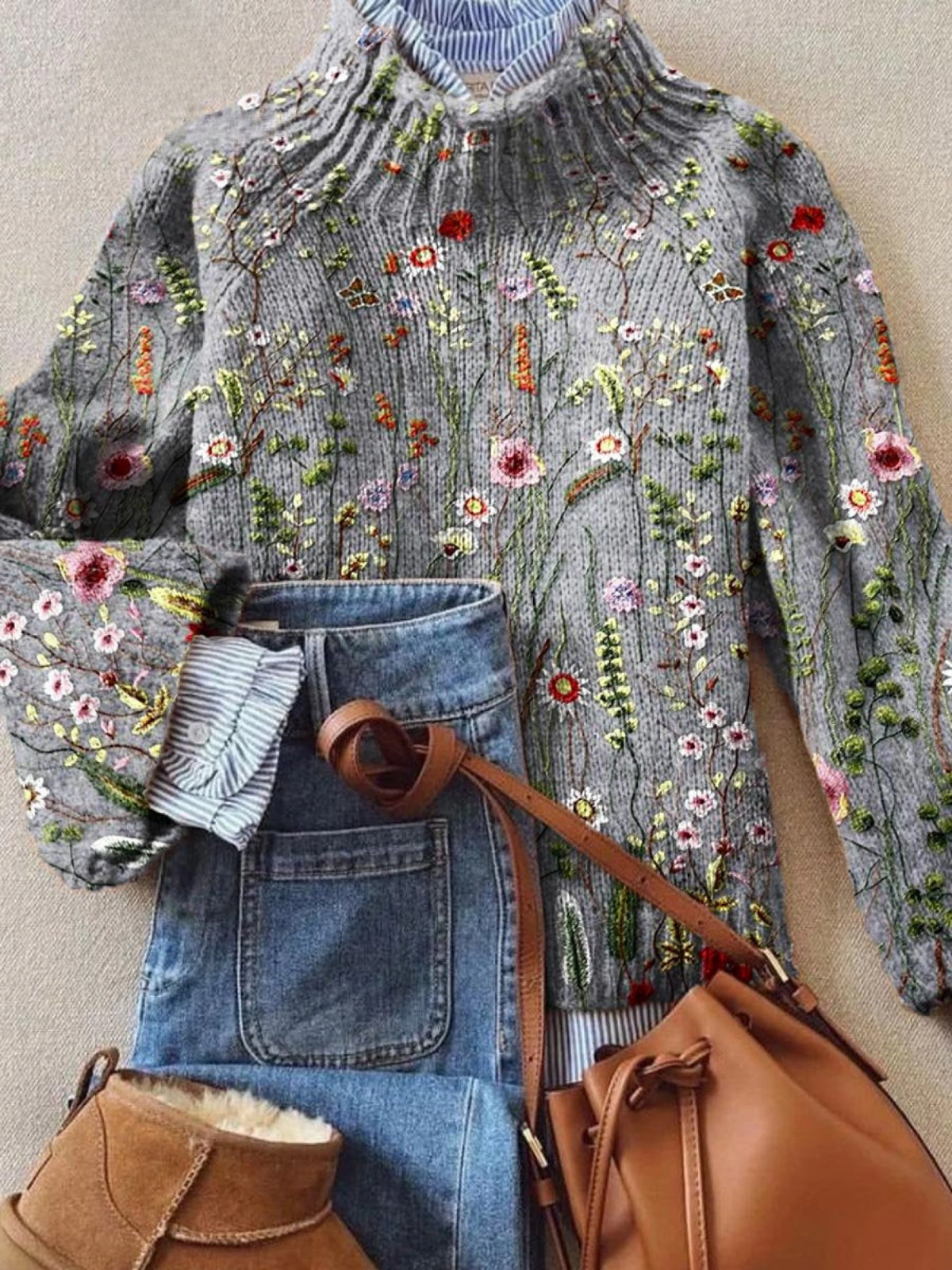 Women's Vintage Lovely Floral Art Print Knit Turtleneck Pullover Sweater