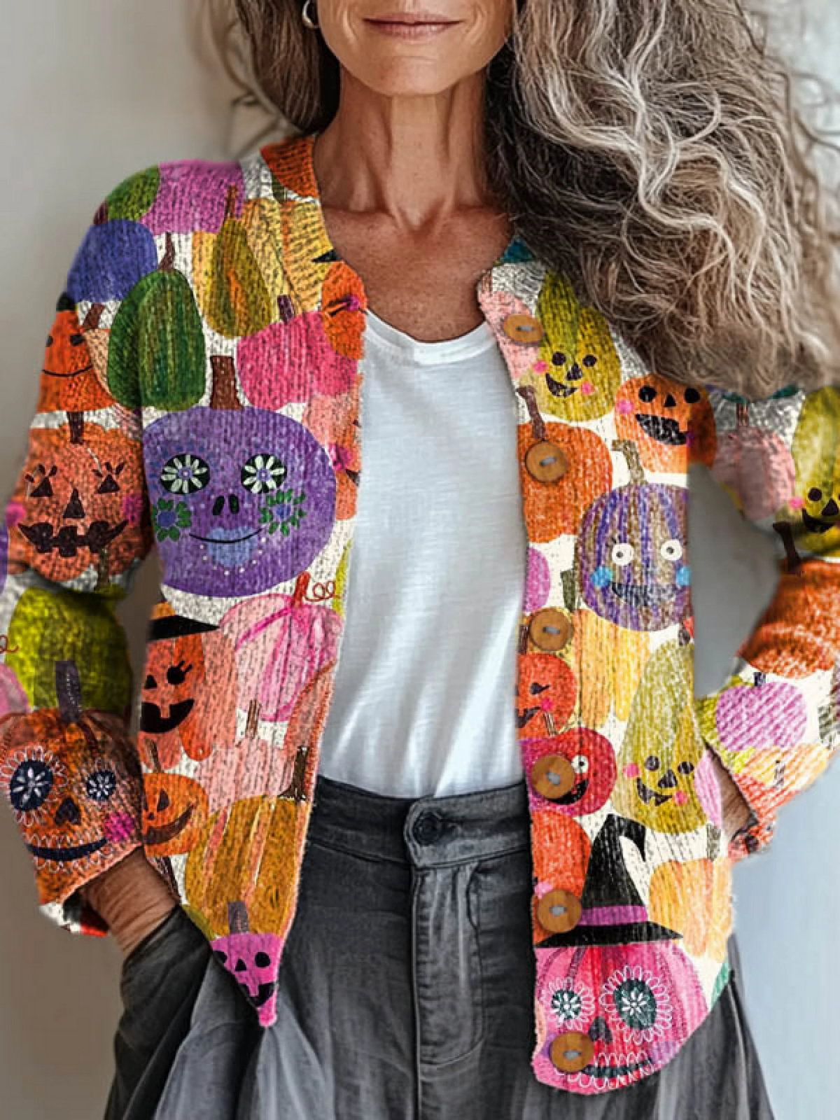 Women's Halloween Pumpkin Art Print Buttoned Cardigan Sweater