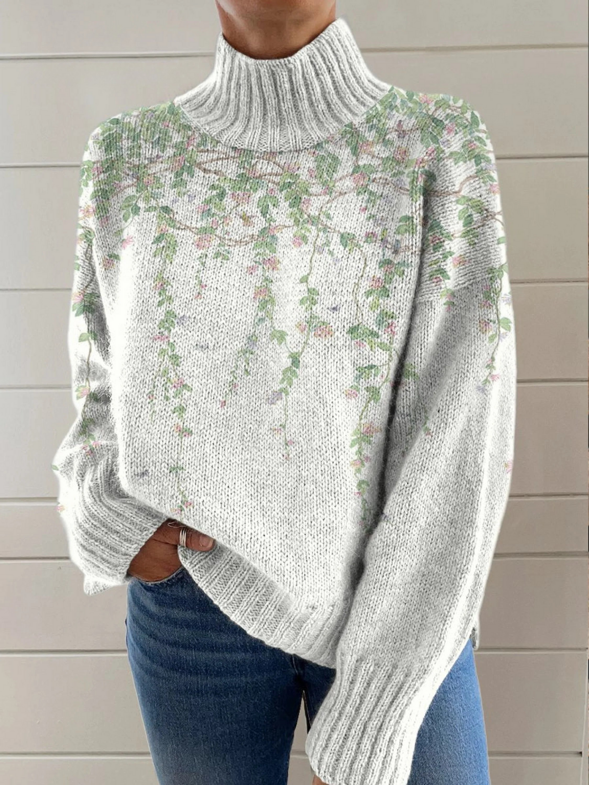 Vertical Flower Decorative Pattern Knit Turtleneck Pullover Sweater