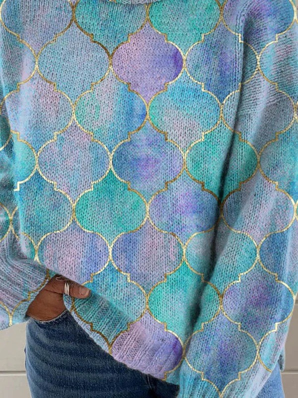 Abstract Geometric Pattern Art Print Knit Turtleneck Pullover Sweater