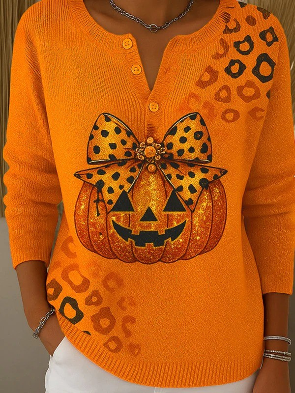 Women's Leopard Print Pumpkin Henley Sweater Top