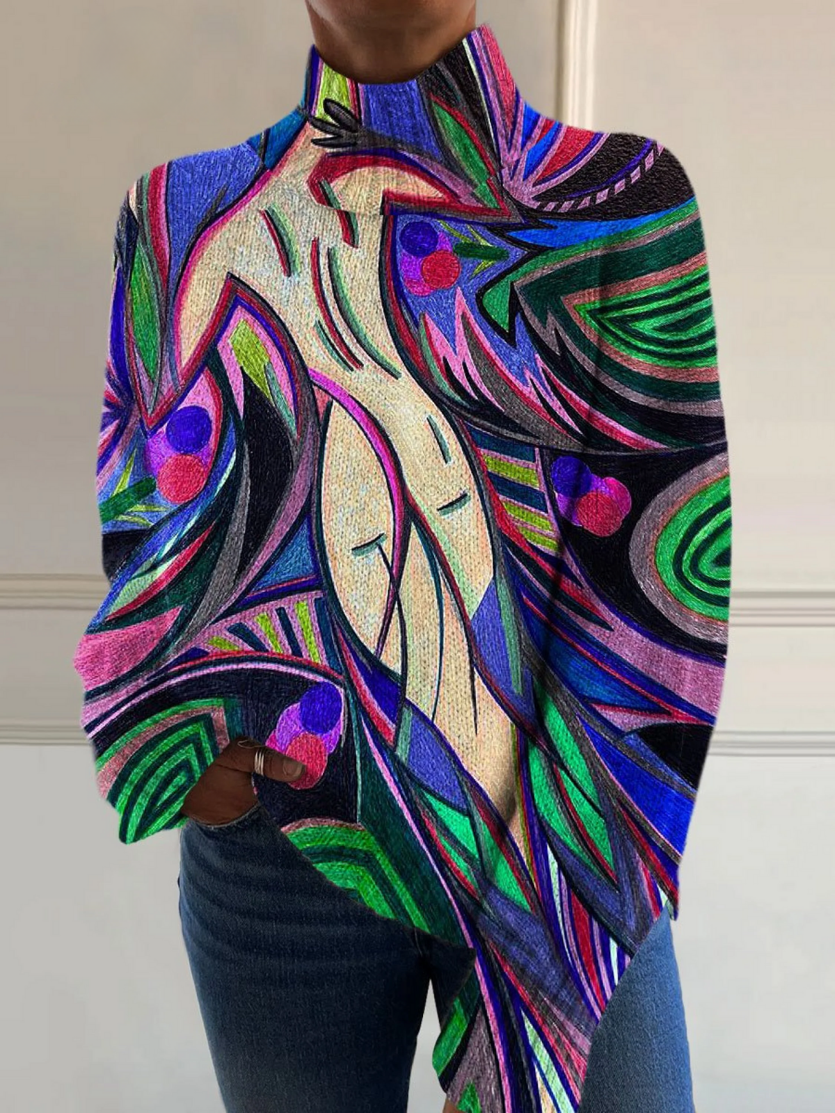 Retro Abstract White Nude Back Art Print Knit Turtleneck Pullover Sweater
