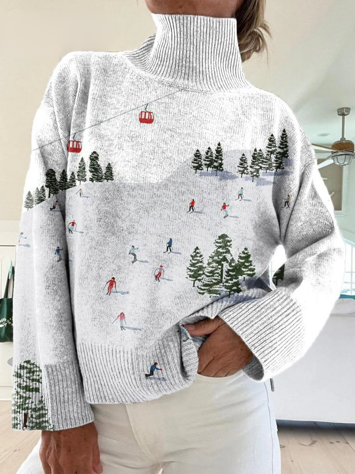 Women's Ski Pattern Art Print Knit Turtleneck Pullover Sweater