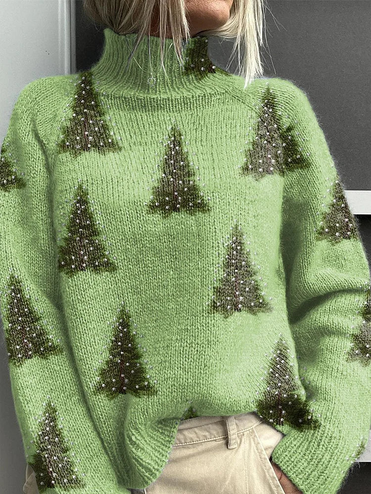 Women's Lovely Christmas Tree Art Print Knit Turtleneck Pullover Sweater