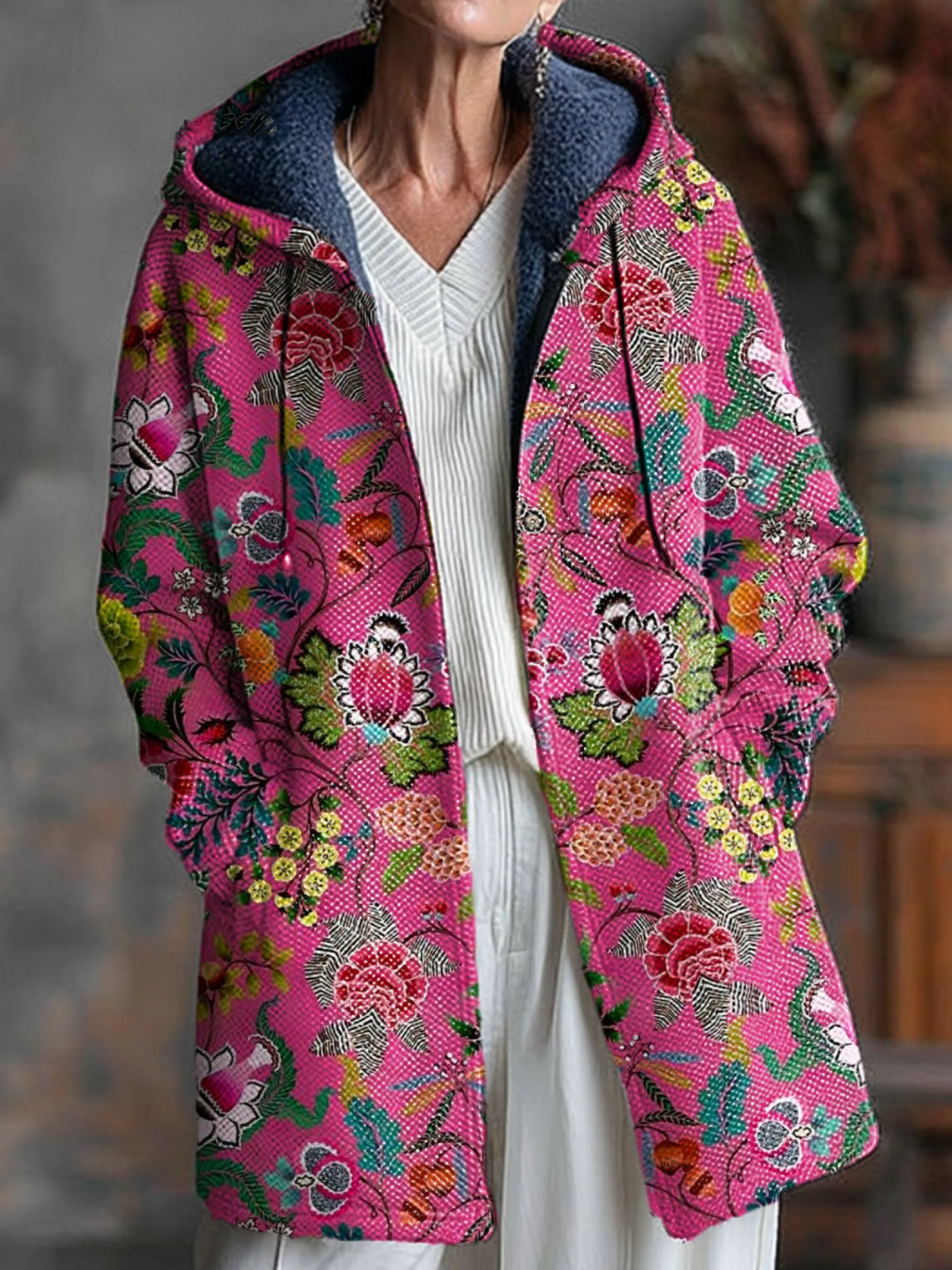 Vintage Ethnic Floral Art Print Unisex Plush Thick Long-Sleeved Sweater Cardigan Coat