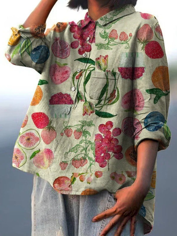 Women's Vintage Fruit Art Print Casual Cotton And Linen Shirt