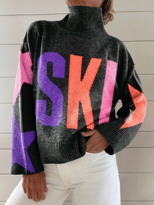 Vintage Winter Ski Print Knit Turtleneck Pullover Sweater