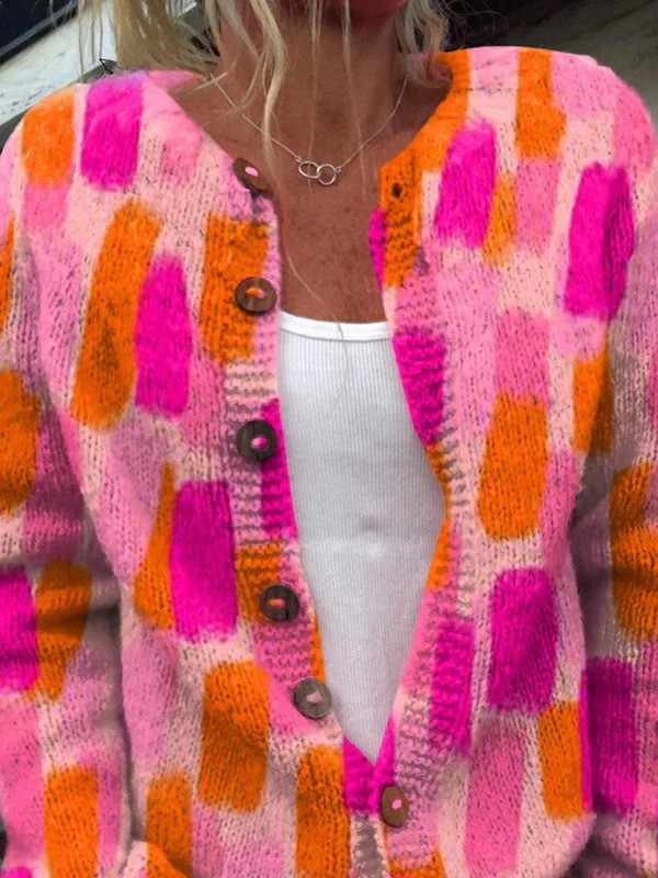 Vibrant Color Block Repeat Pattern Printed Buttoned Cardigan Sweater