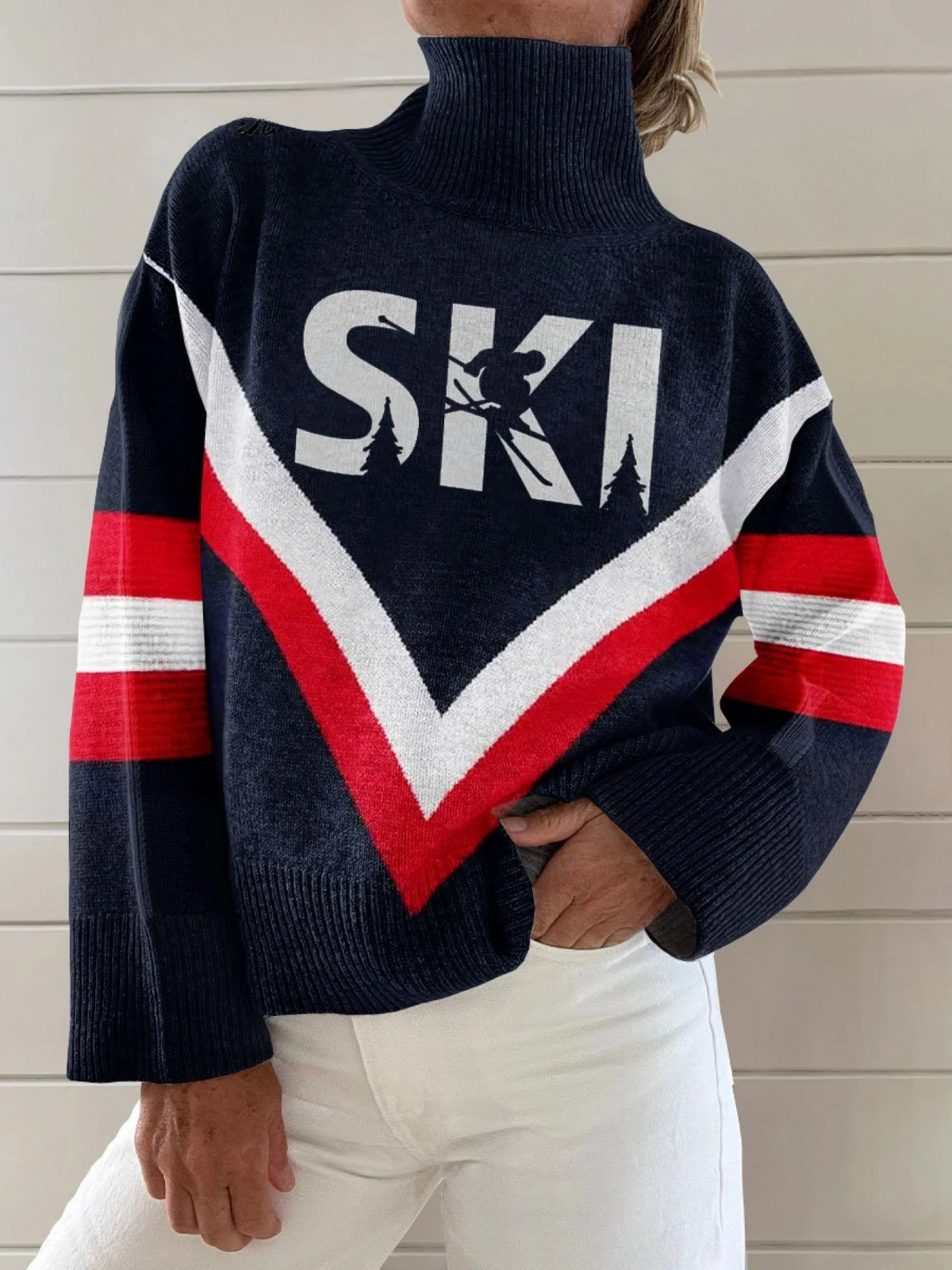 Vintage Winter Ski Print Knit Turtleneck Pullover Sweater