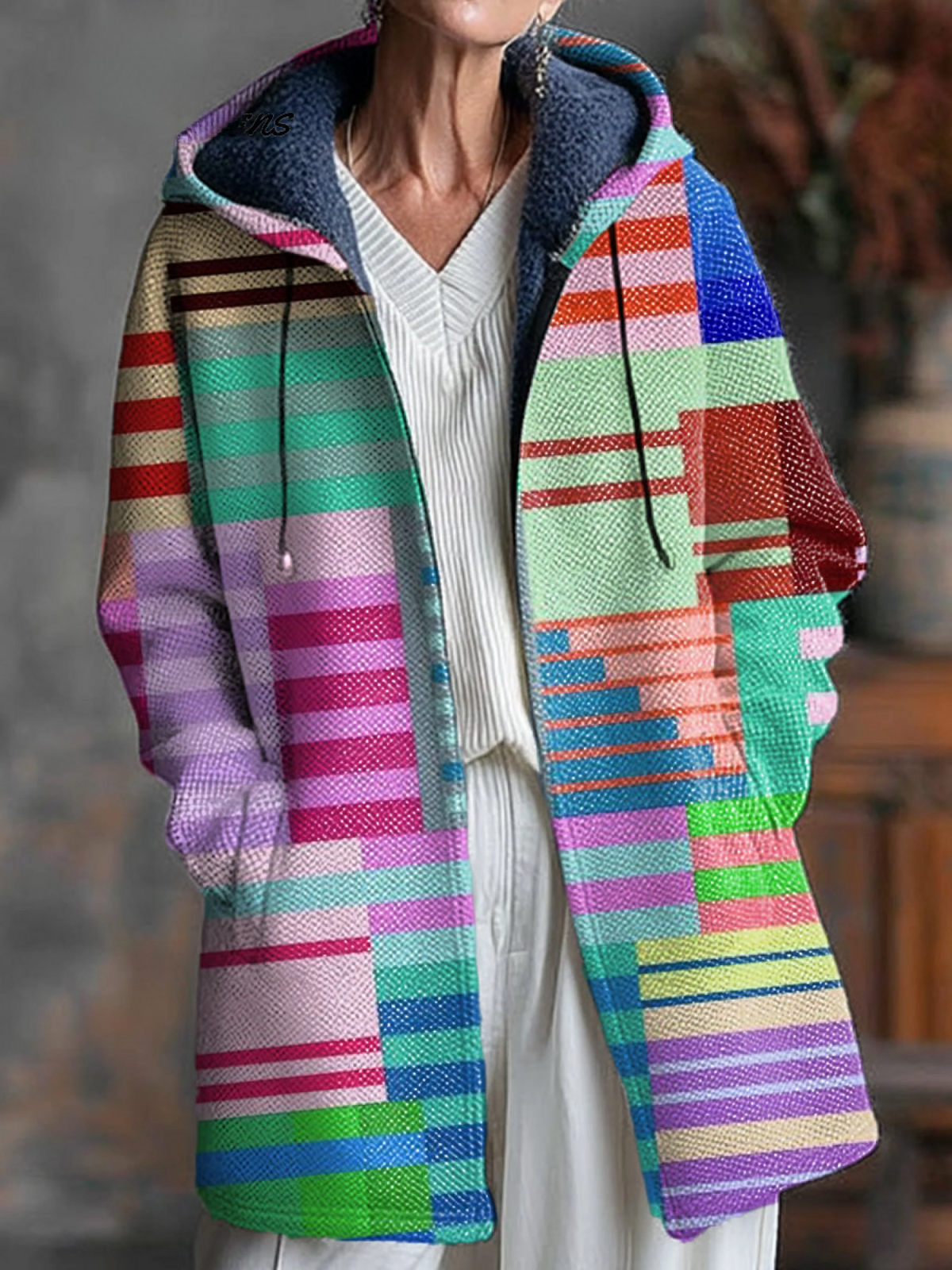 Beautiful Colorful Geometric Check Art Print Unisex Plush Thick Long-Sleeved Sweater Cardigan Coat