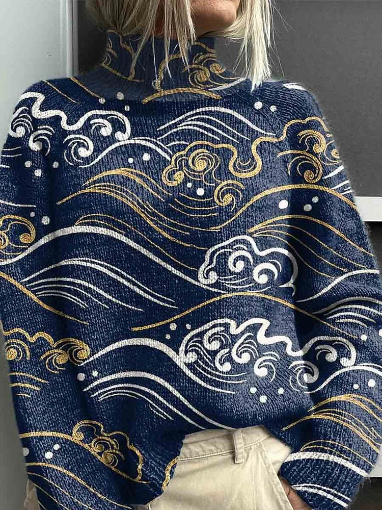 Women's Printed Knitted Turtleneck Pullover