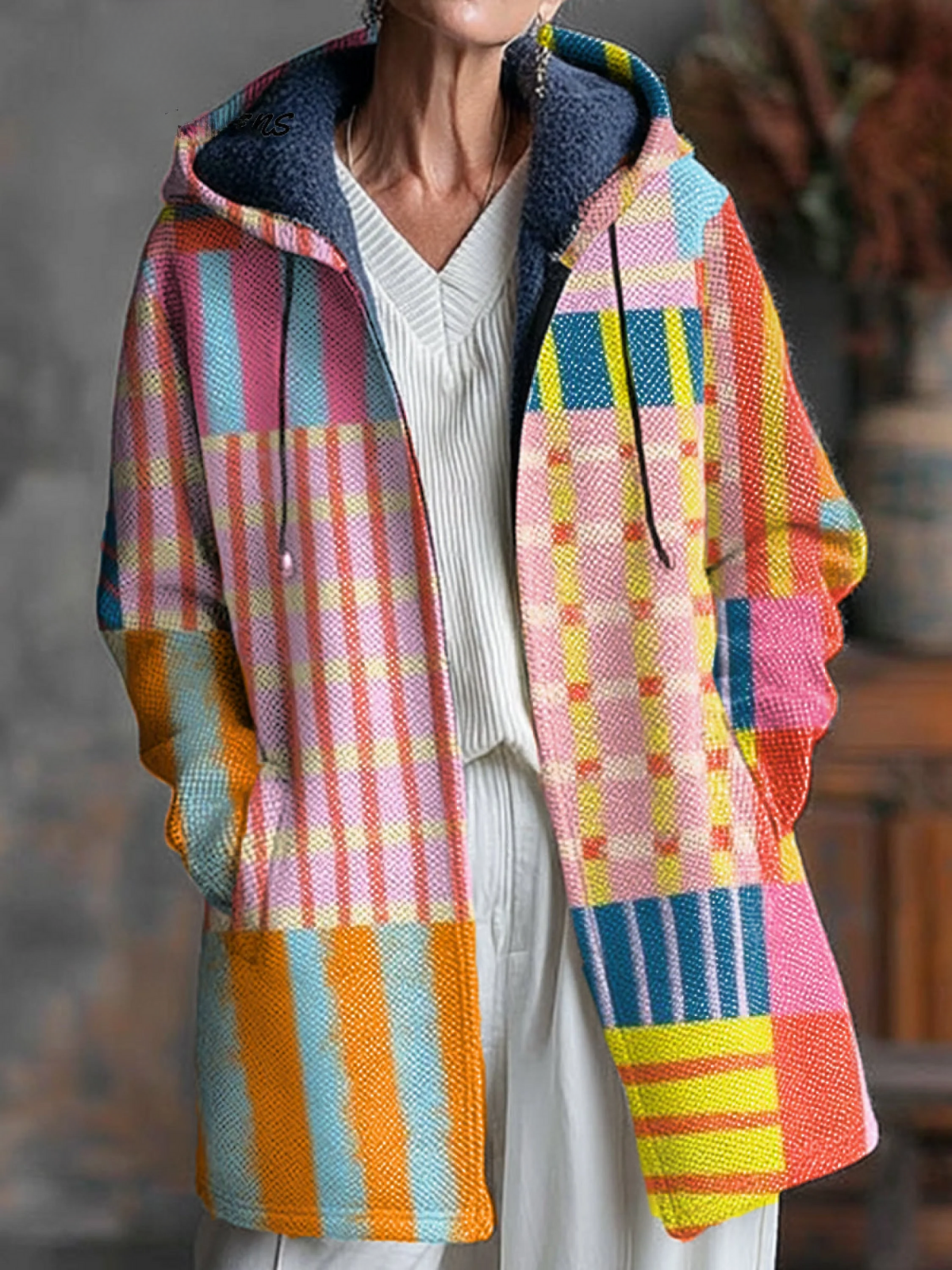Beautiful Colorful Striped Painting Art Print Unisex Plush Thick Long-Sleeved Sweater Cardigan Coat