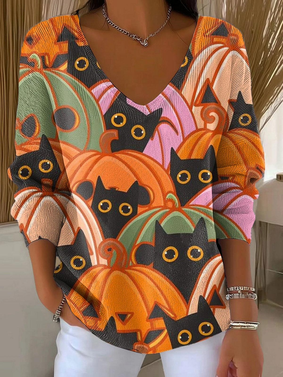 Women's Halloween Black Cat Pumpkin Pattern Casual Print Pullover Sweater