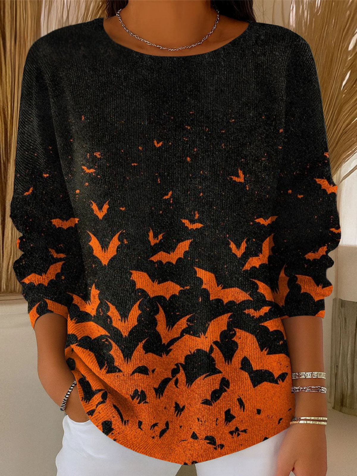 Women's Vintage Halloween Gradient Bats Art Print Casual Pullover Sweater