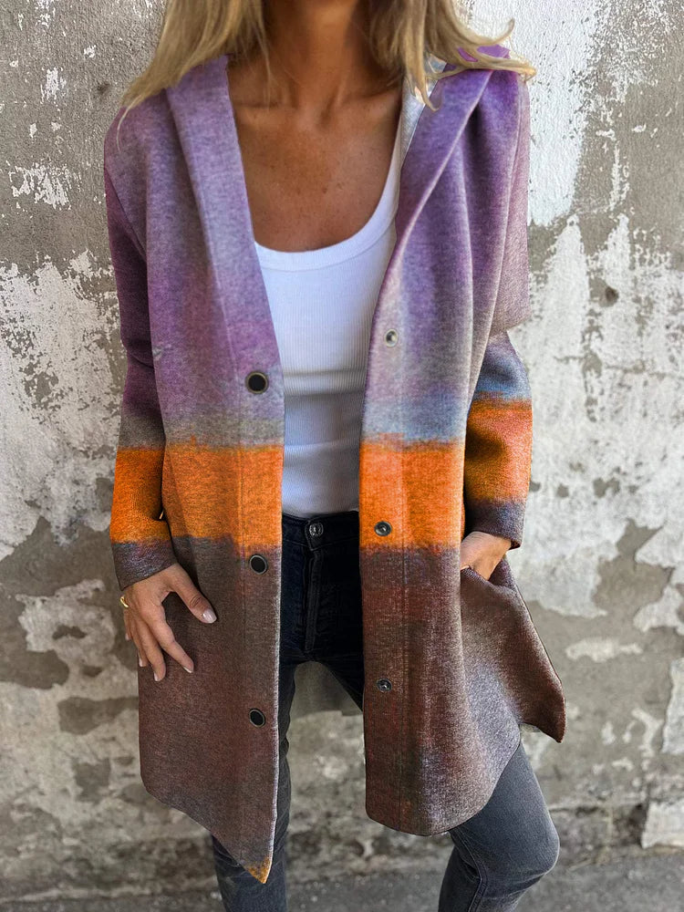 Casual Color Block Art Print Long Sleeve Button Hooded Jacket