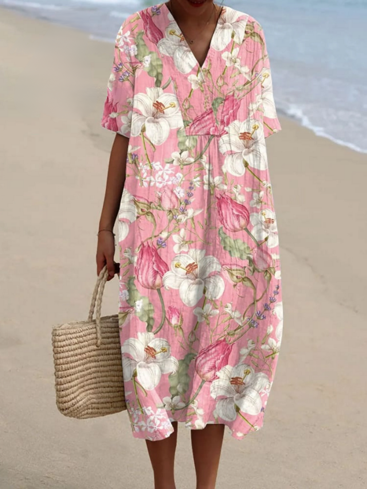 Women's Vintage Floral Art Print Casual Linen V-neck Shirt