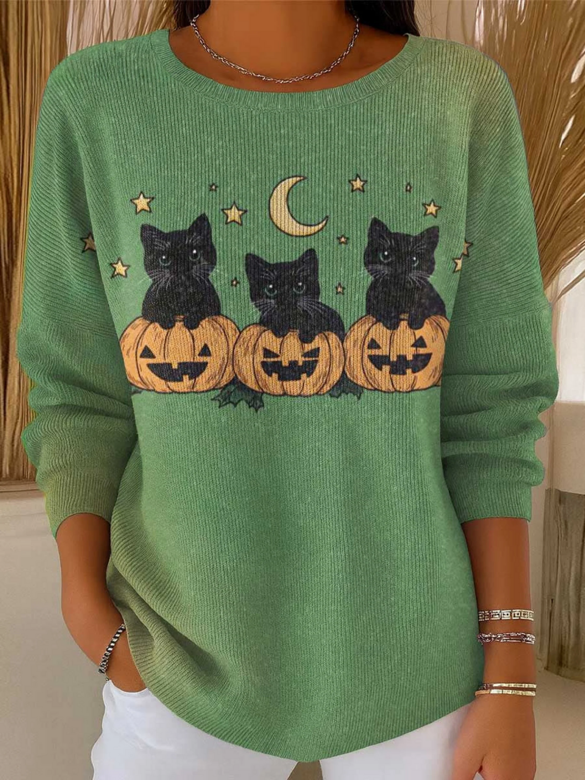 Women's Halloween Cats Art Print Casual Pullover Sweater