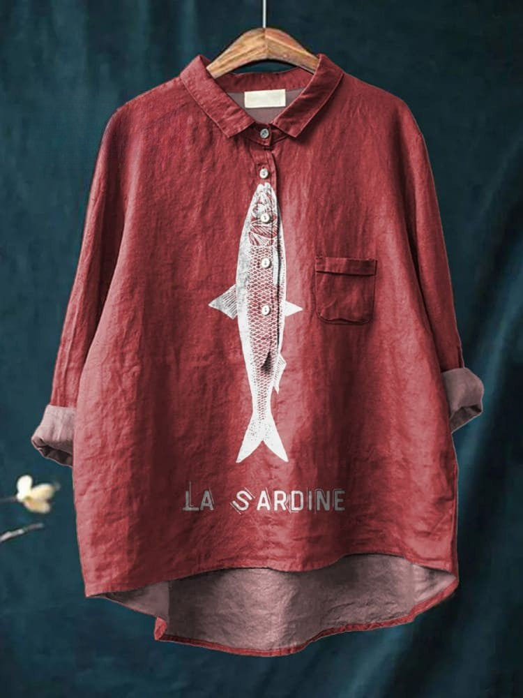 Sardine Fish Graphic Printed Women's Casual Linen Shirt