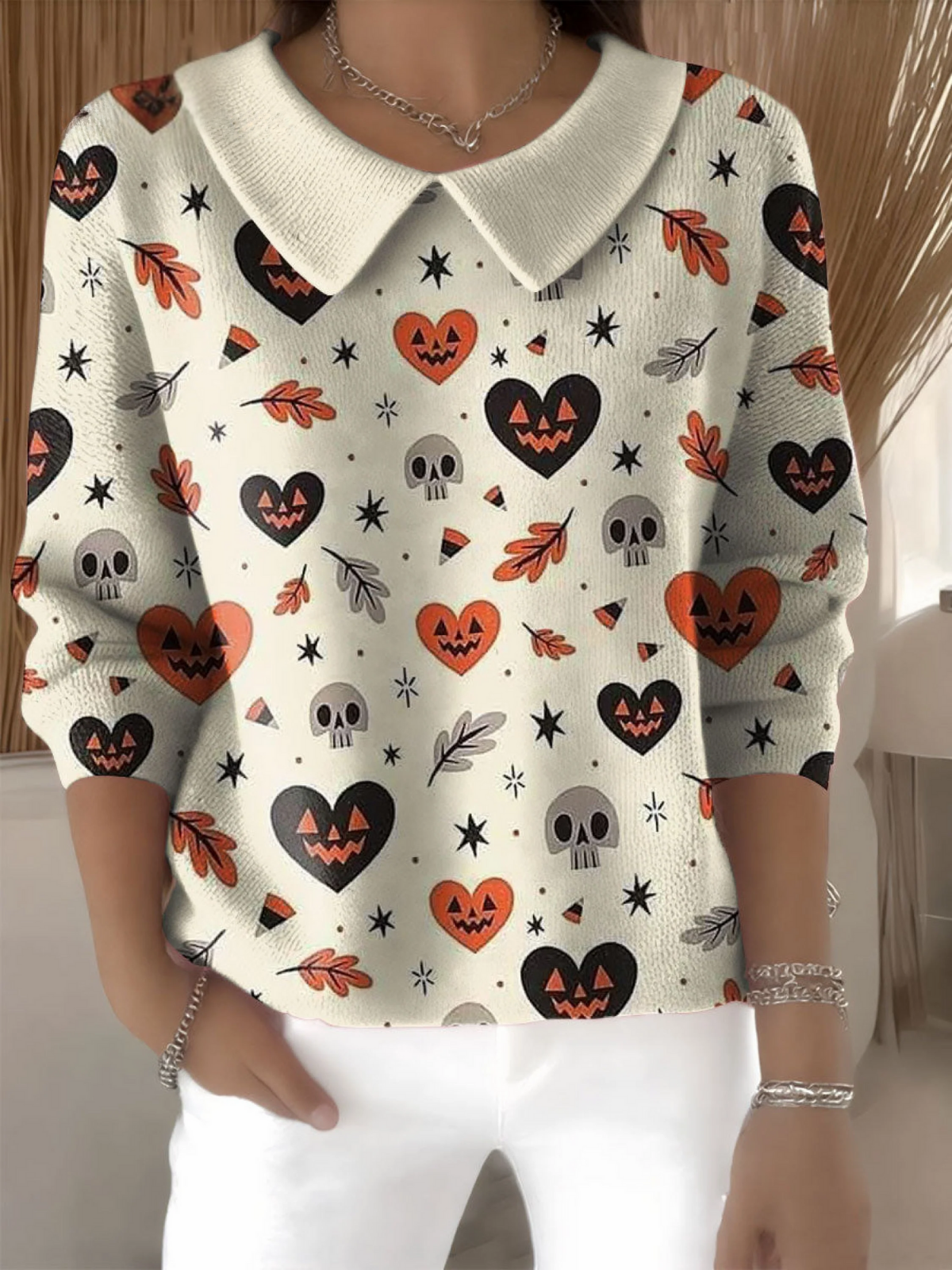 Women's Halloween Casual Print Peter Pan Collar 3/4 Sleeve Sweater