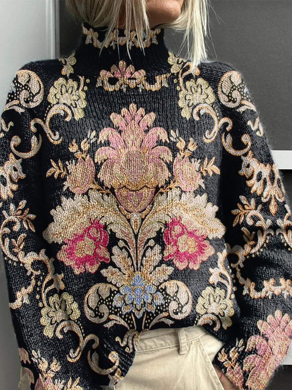 Women's Vintage Lovely Floral Art Print Knit Turtleneck Pullover Sweater