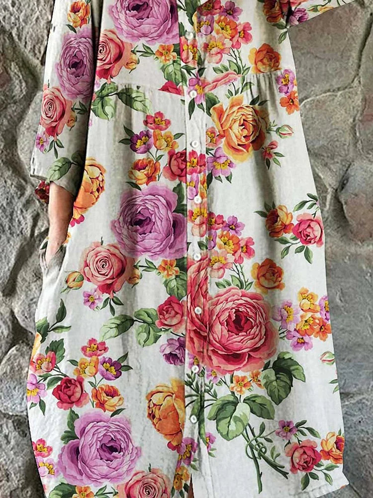 Women's Elegant Vintage Floral Print Shirt Style Cotton and Linen Dress