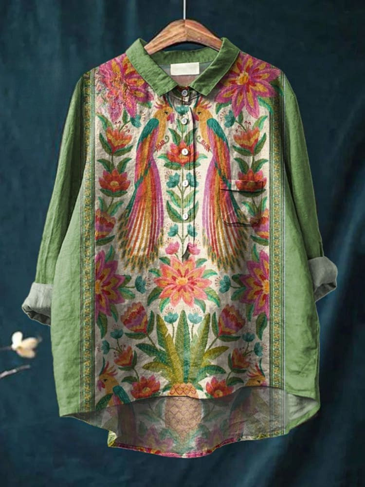 Women's Vintage Lovely Floral Birds Art Print Casual Linen Shirt