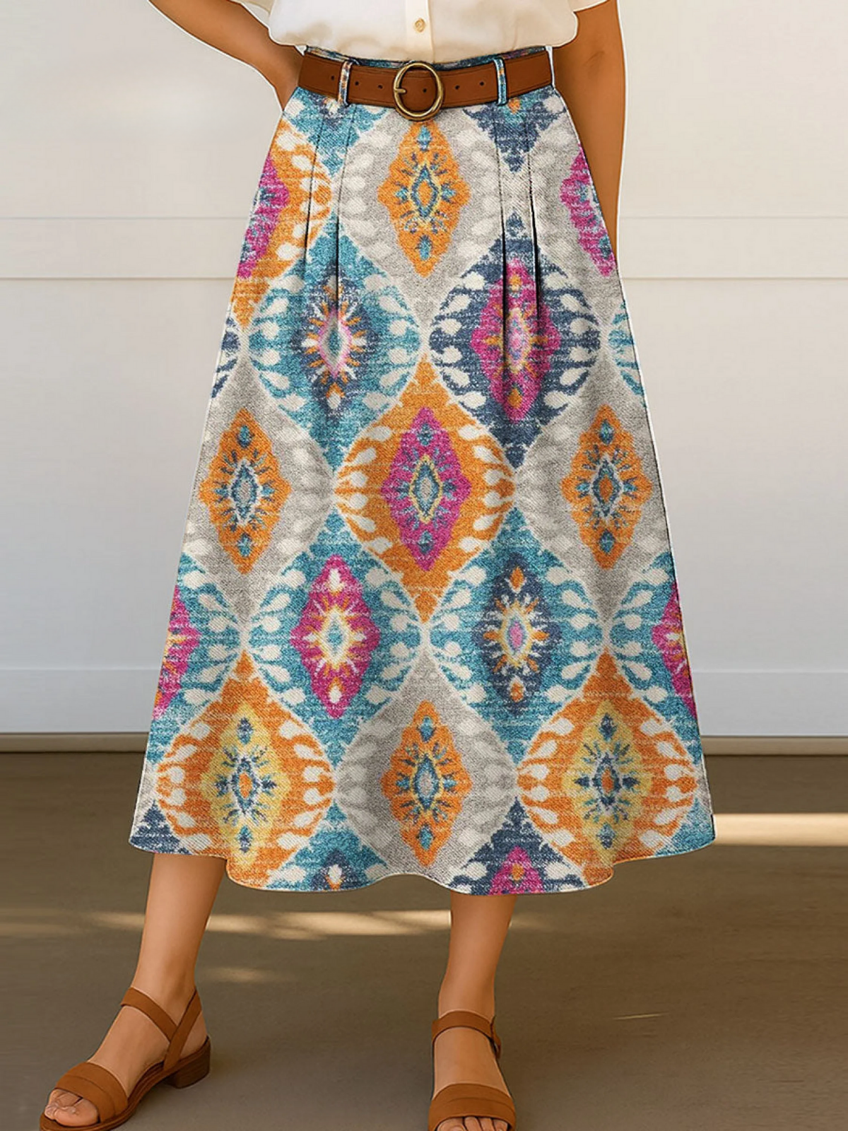 Women's Retro Floral Flowers Print High Waist Casual A-Line Skirt