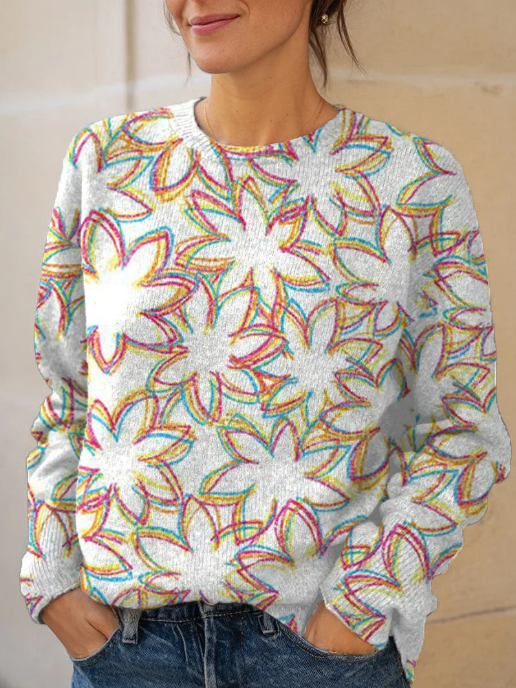 Vintage Flower Art Print Knit Pullover Sweater